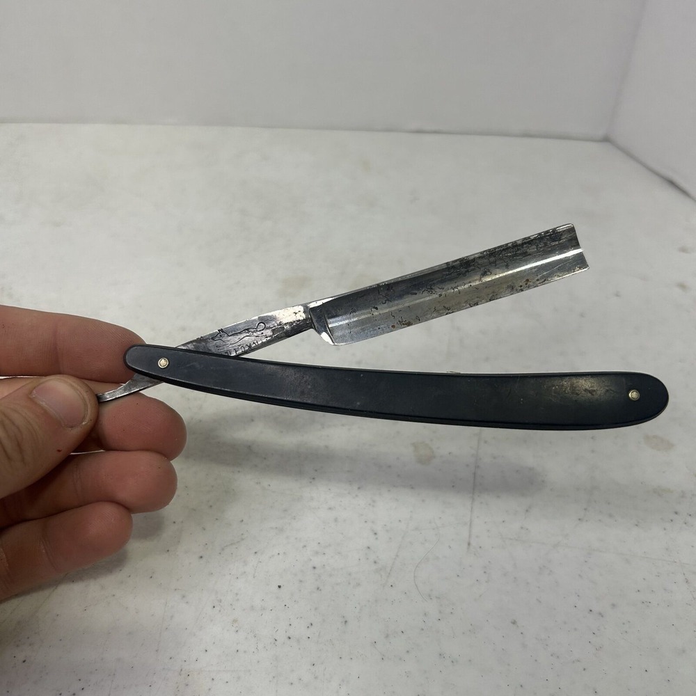 Vintage Straight Razor Black Handle Etched Steel Blade Barber Collectible